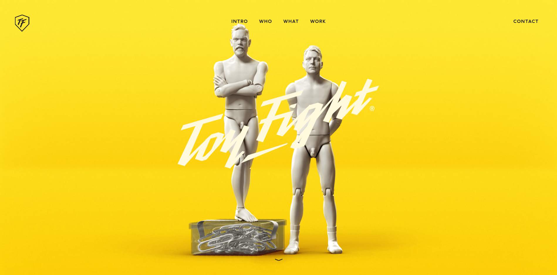 ToyFight homepage, showing off 3D-rendered sculptures of the duo behind the web design company.